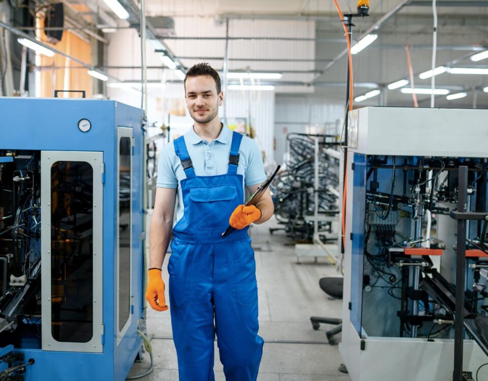 mężczyzna pokazuje używane maszyny cnc